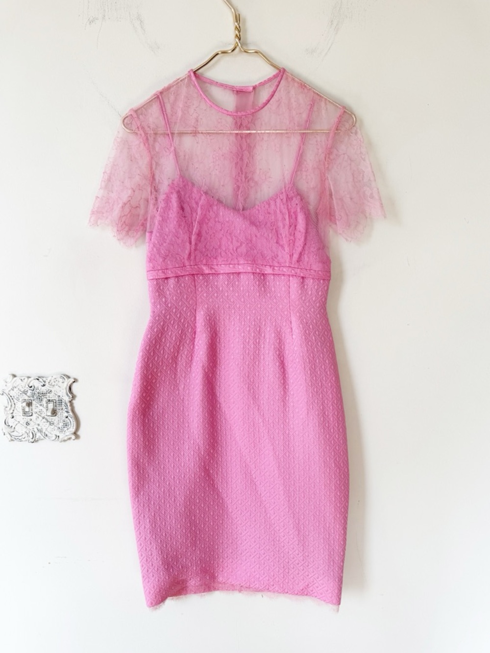 Peggy Jennings Vintage 90s Pink Lace Textured Sheath Dress XS